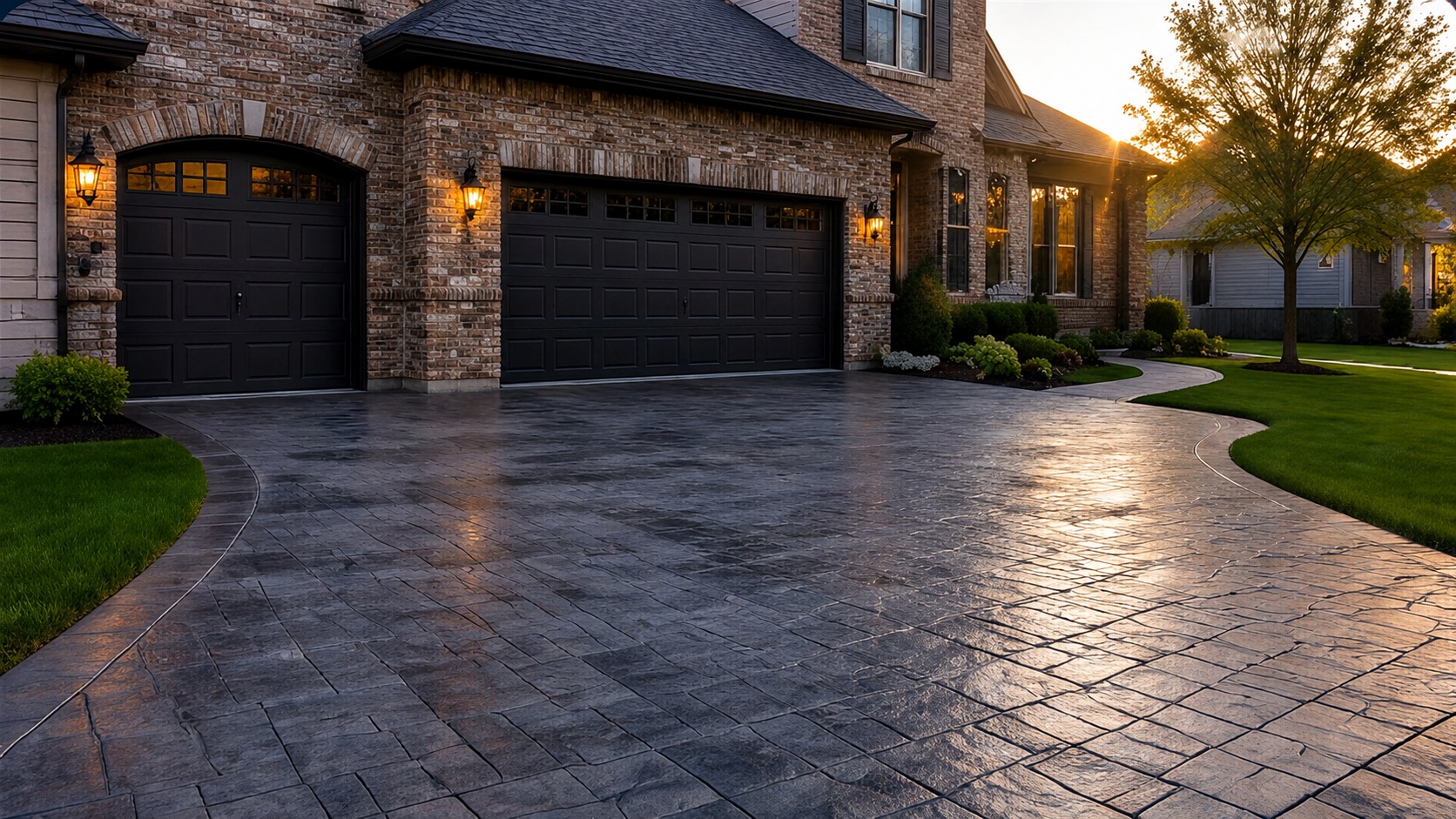 Stamped concrete patio with cobblestone pattern