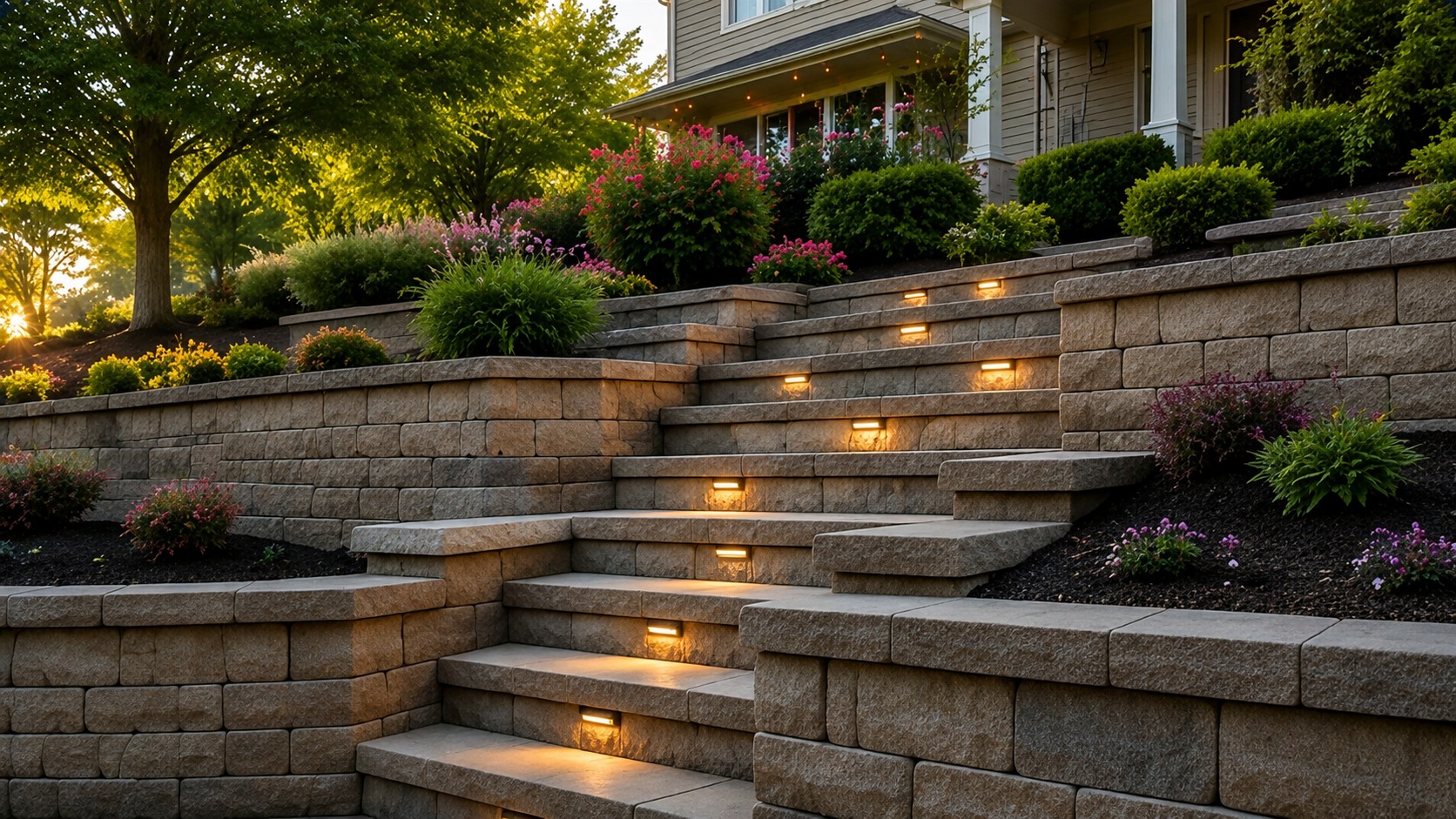 Multi-tiered concrete retaining wall with integrated step lighting at dusk in Ballwin
