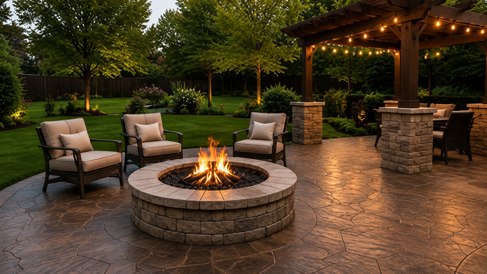 Stamped concrete patio with cedar pergola, string lights, and circular fire pit in an O'Fallon backyard